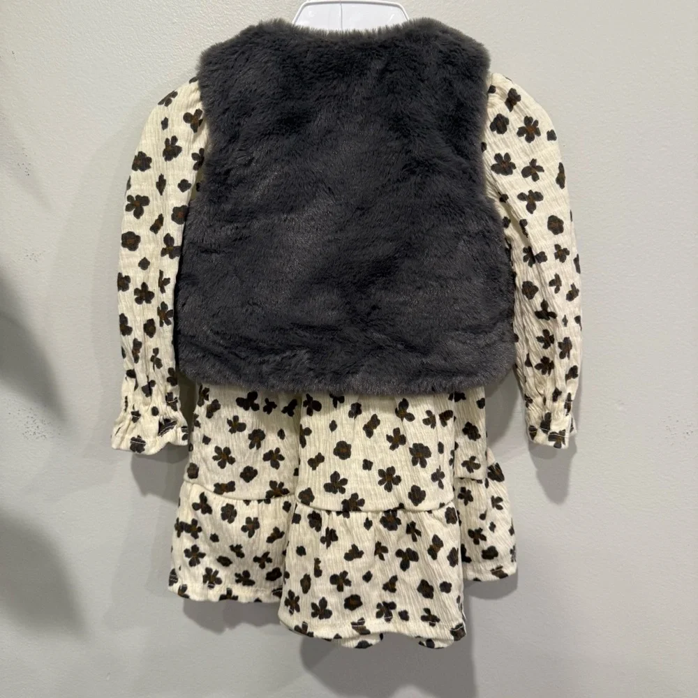 btween baby Floral Kids Dress with Faux Fur Vest 3 Piece Set Size 12 Month